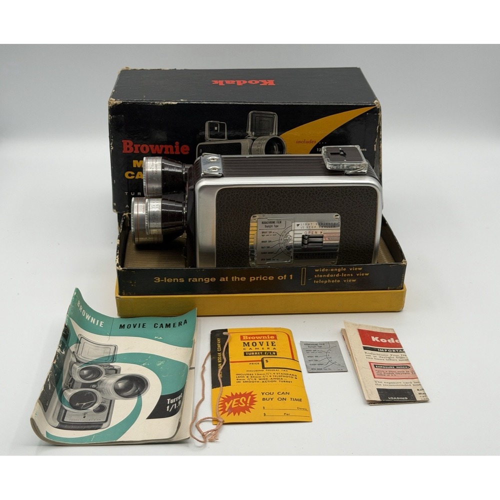 Vintage Collector's Item Kodak Brownie Turret 3 Lens f/1.9 8mm Movie Camera CIB